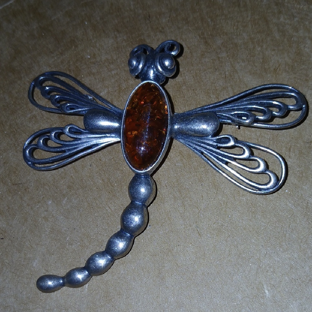 Silver and Amber Dragonfly Brooch - Picture 2 of 2